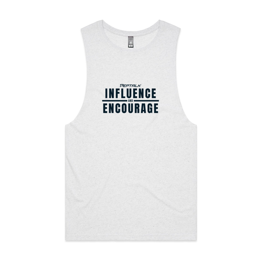 White marle men's tank top with "Influence and Encourage" design