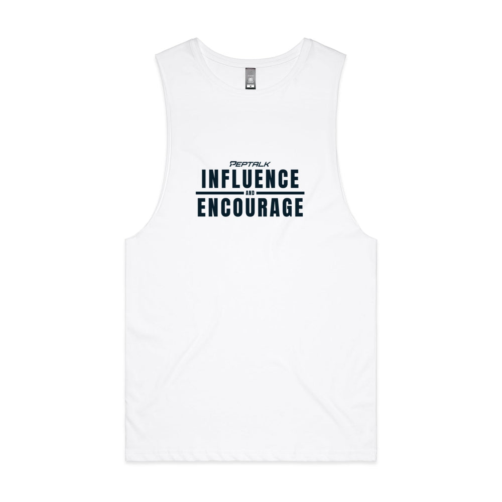 White men's tank top with "Influence and Encourage" design
