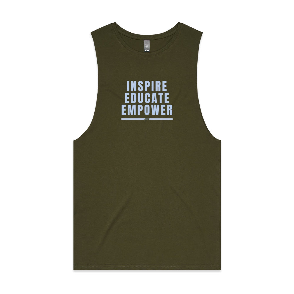 Army men's tank top with "Inspire Educate Empower" design