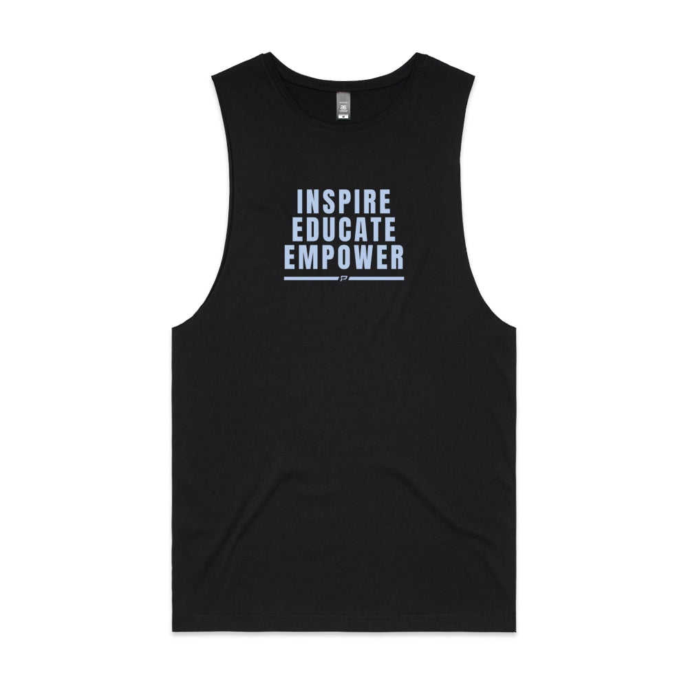 Black men's tank top with "Inspire Educate Empower" design