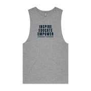 Grey men's tank top with "Inspire Educate Empower" design