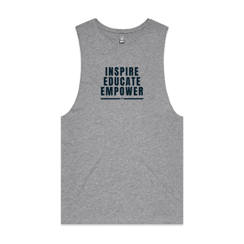 Grey men's tank top with "Inspire Educate Empower" design