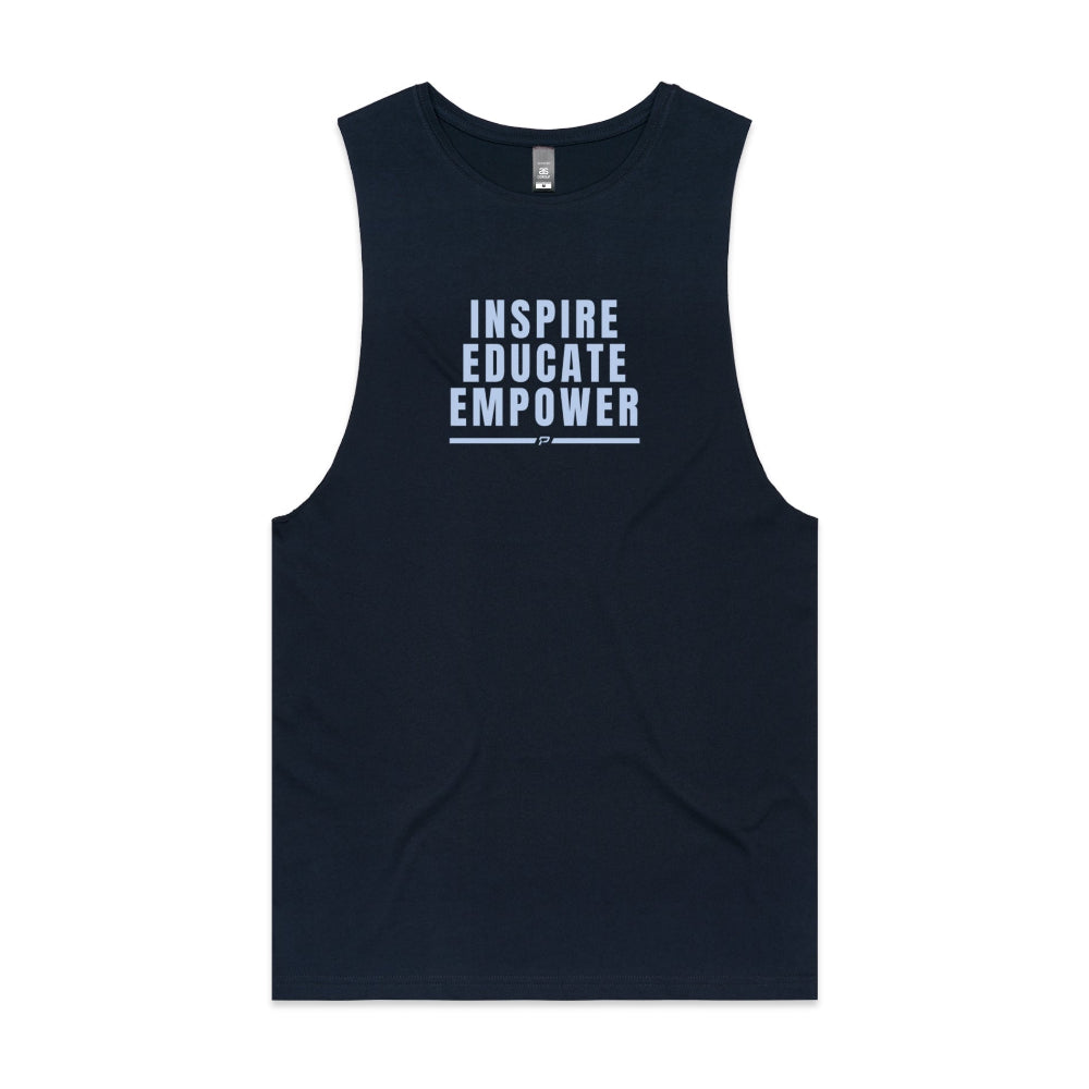 Navy men's tank top with "Inspire Educate Empower" design