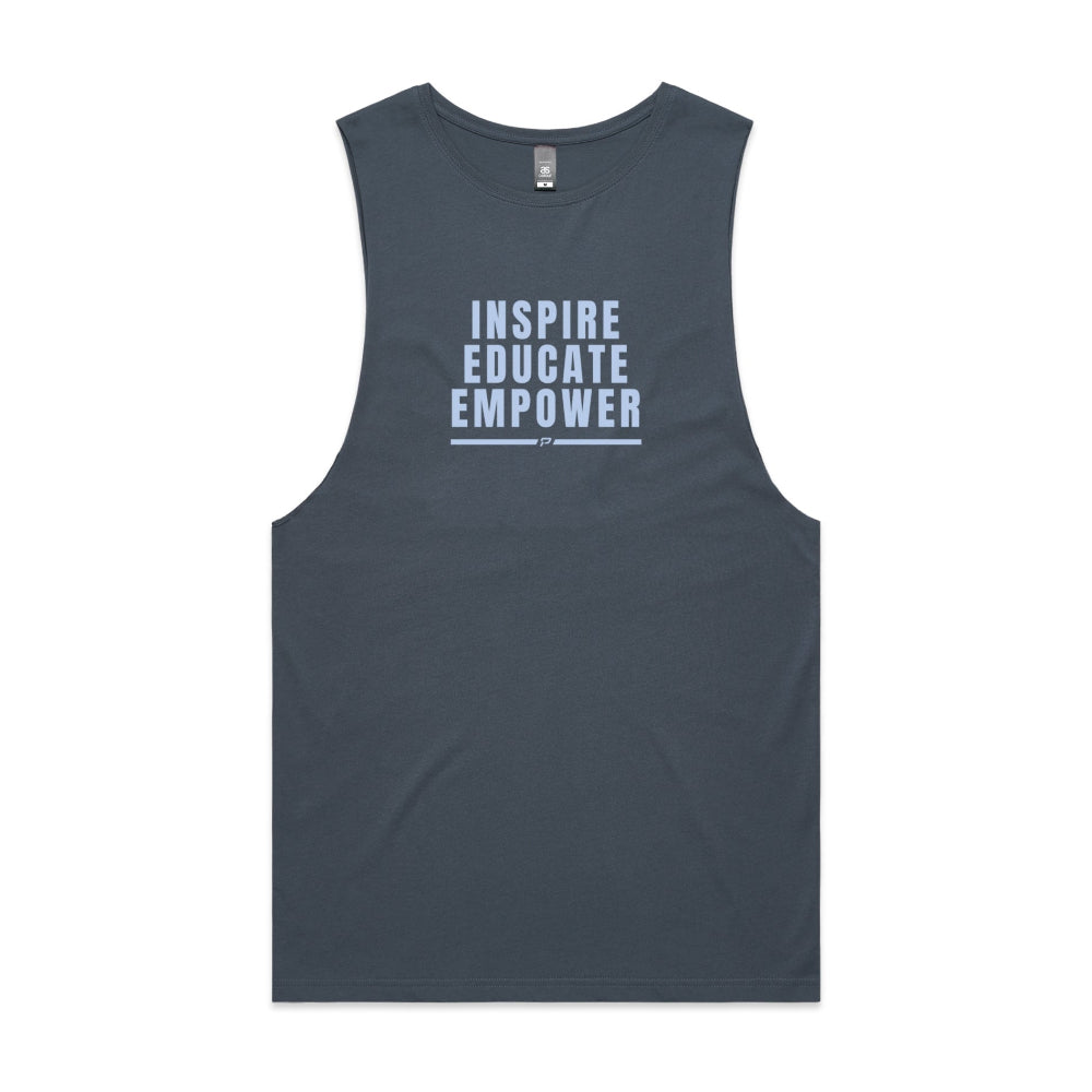 Petrol blue men's tank top with "Inspire Educate Empower" design