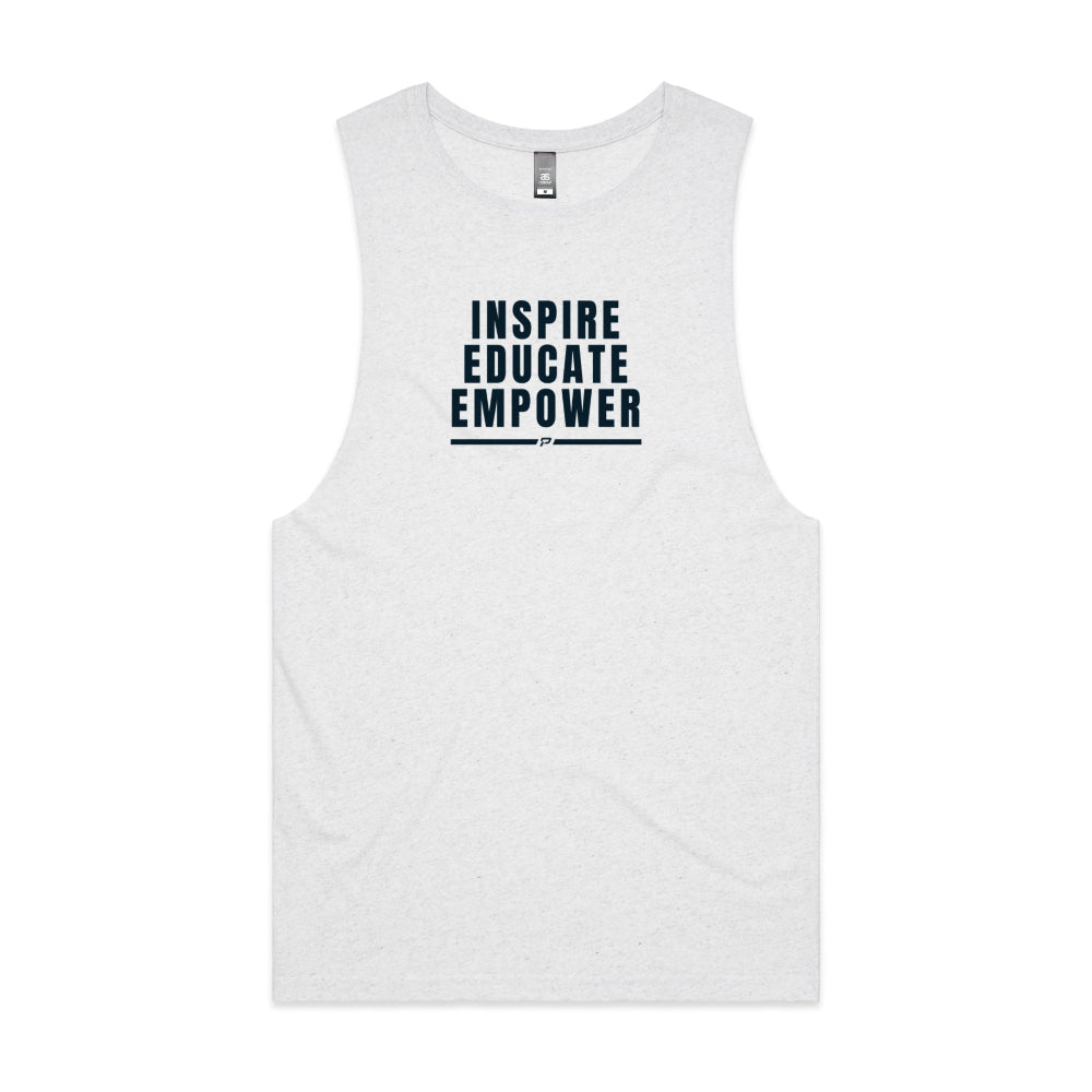 White marle men's tank top with "Inspire Educate Empower" design