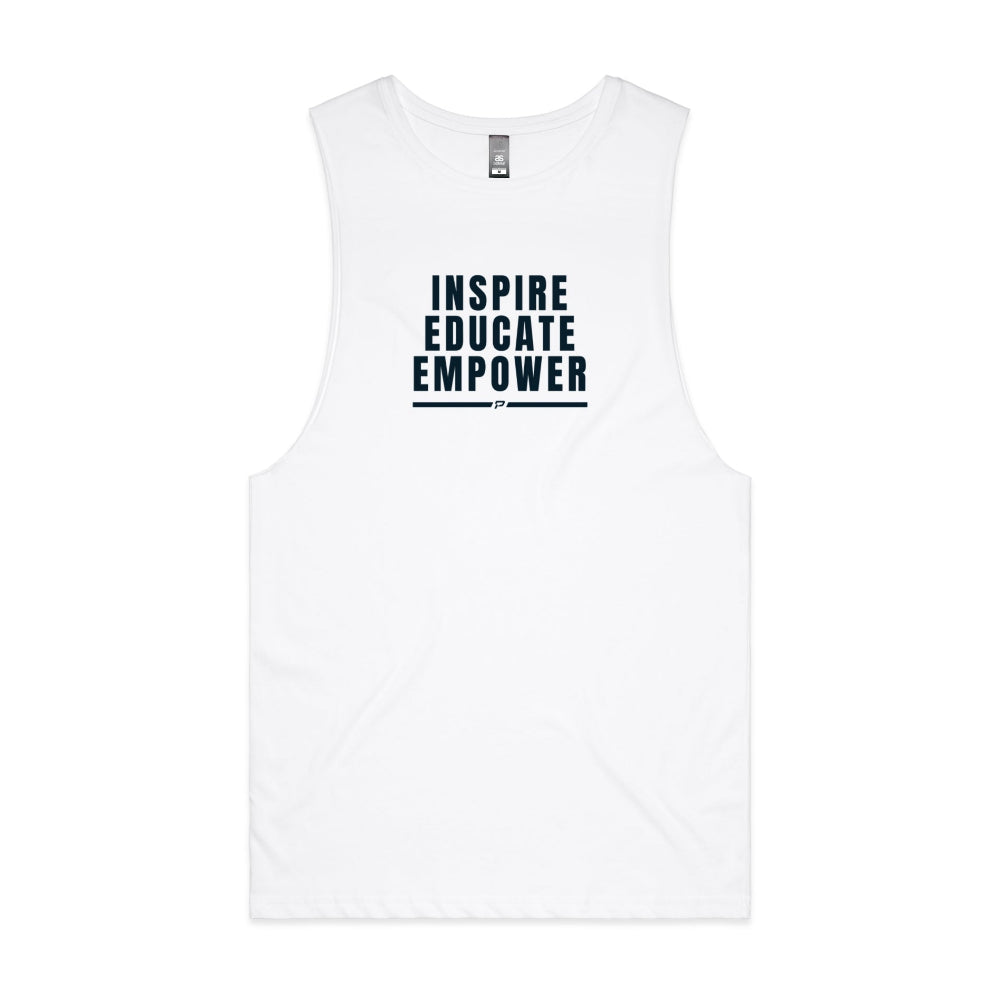White men's tank top with "Inspire Educate Empower" design