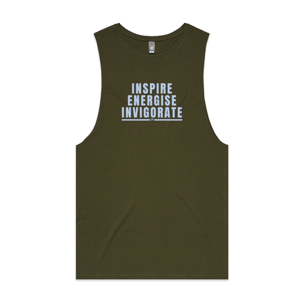 Army green men's tank top with "Inspire Energise Invigorate" design