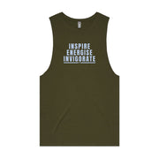 Army green men's tank top with "Inspire Energise Invigorate" design
