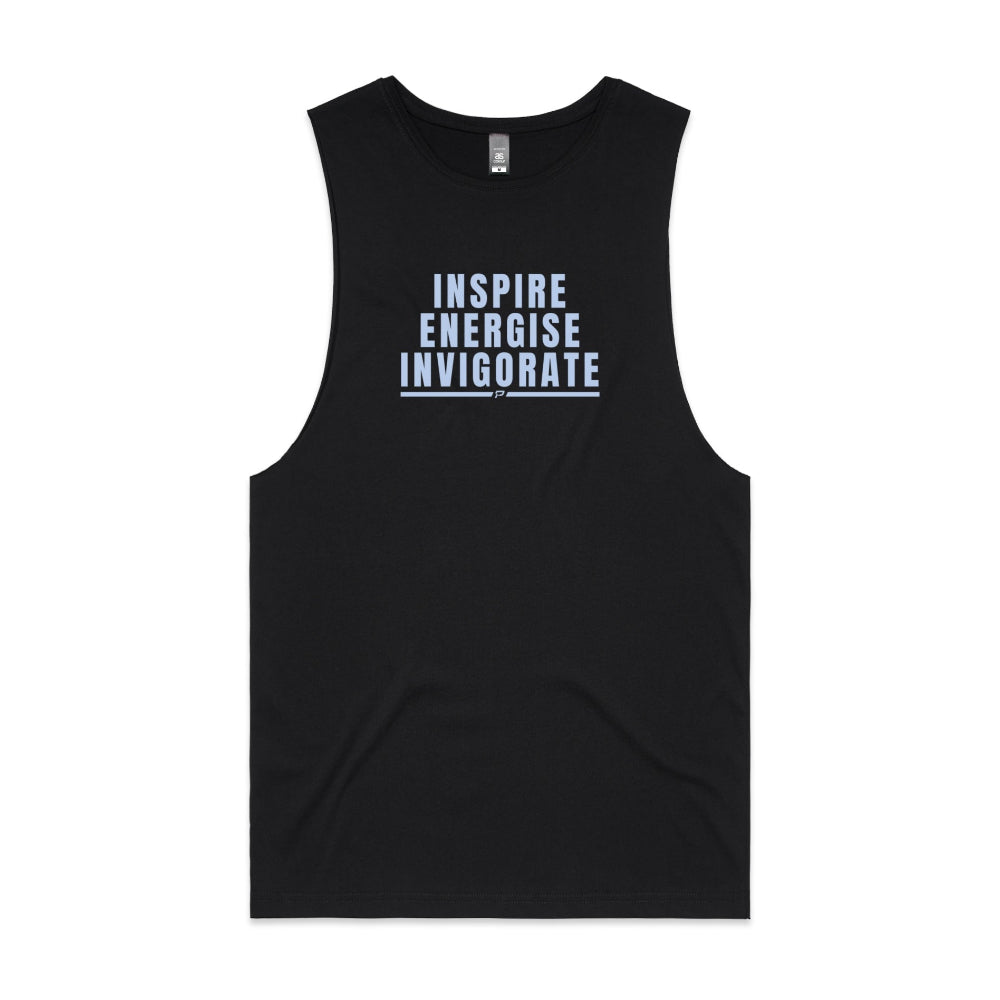 Black men's tank top with "Inspire Energise Invigorate" design