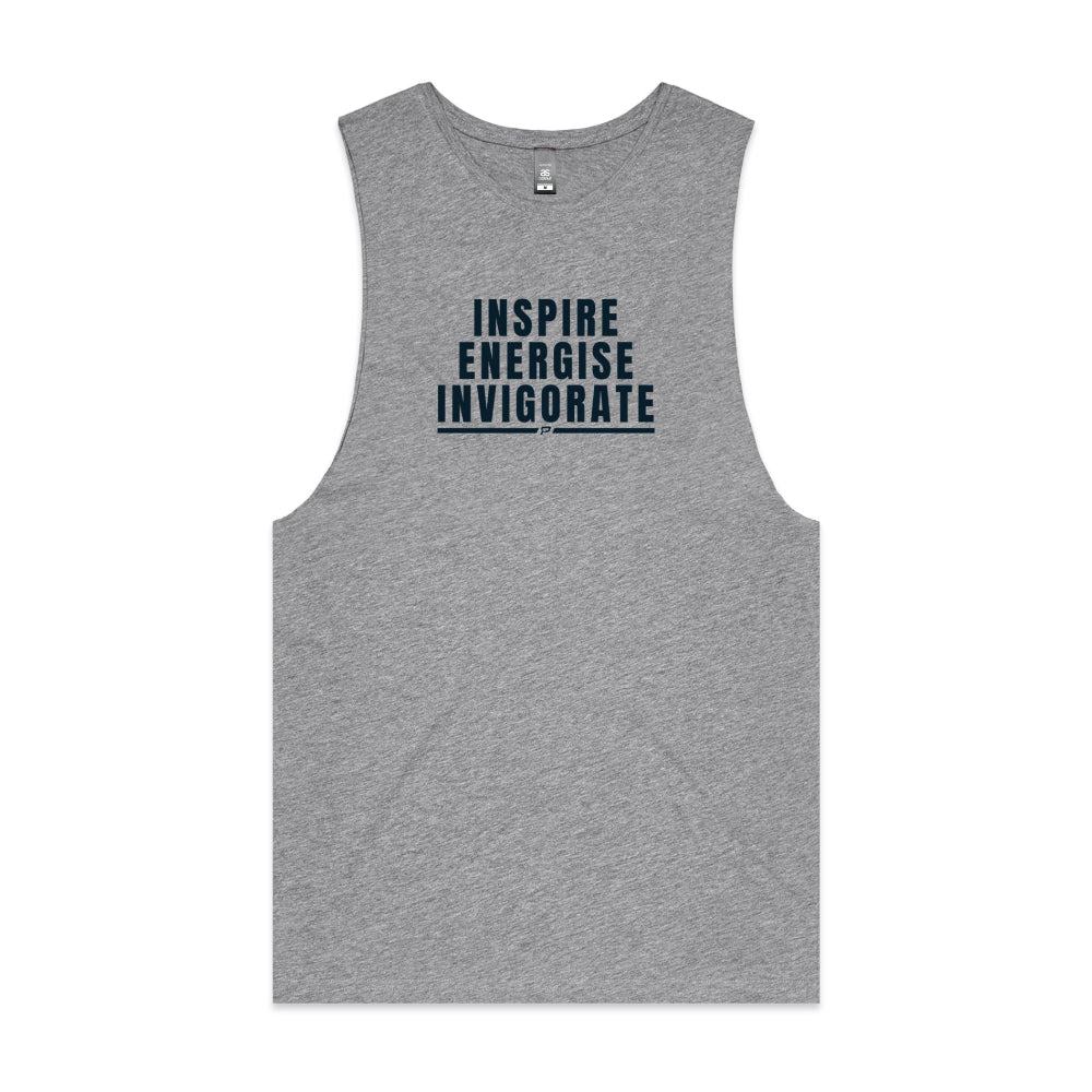 Grey men's tank top with "Inspire Energise Invigorate" design