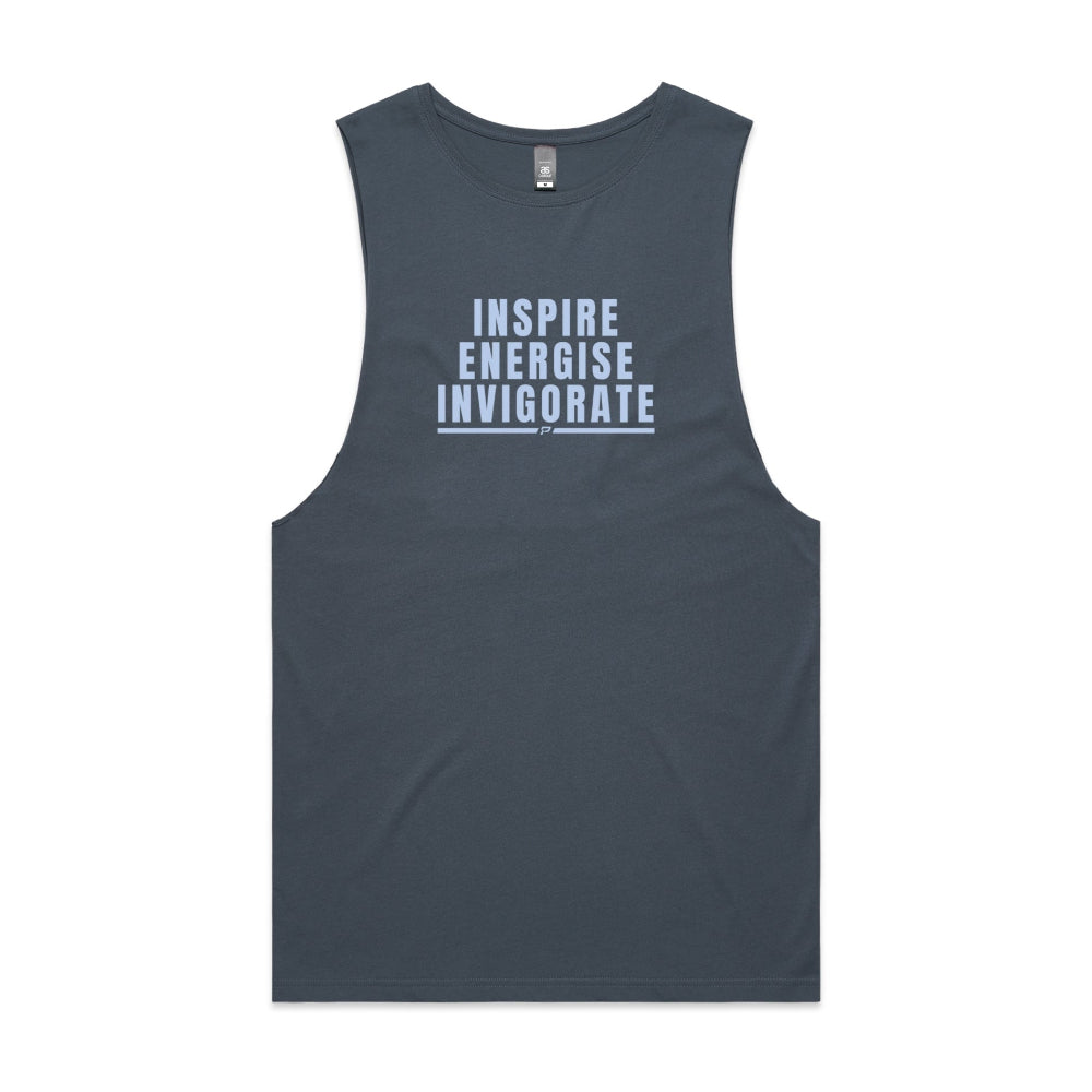 Petrol blue men's tank top with "Inspire Energise Invigorate" design