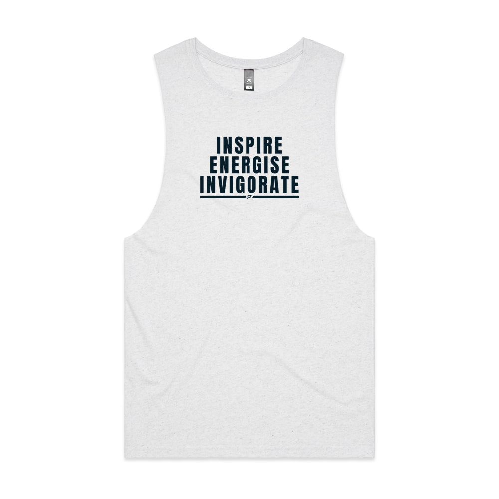 White marle men's tank top with "Inspire Energise Invigorate" design