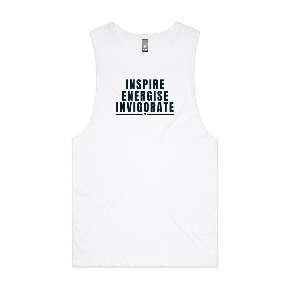 White men's tank top with "Inspire Energise Invigorate" design