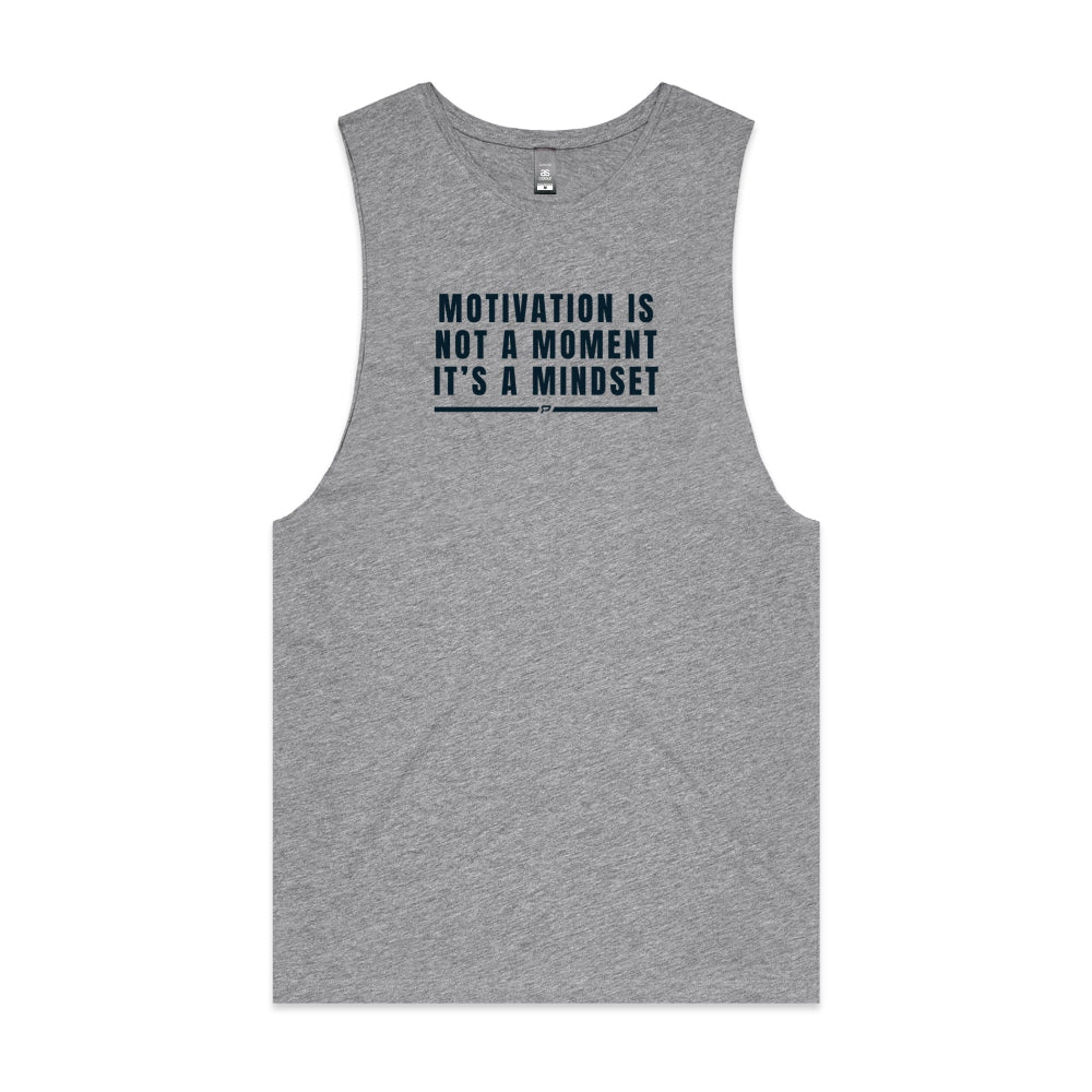 Grey barnard tank with "Motivation Is Not A Moment It's A Mindset" design on white background
