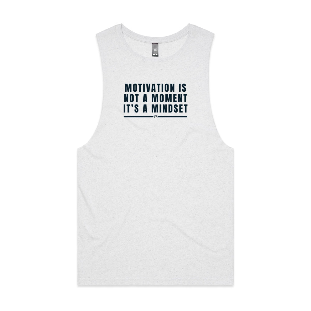 White marle barnard tank with "Motivation Is Not A Moment It's A Mindset" design on white background