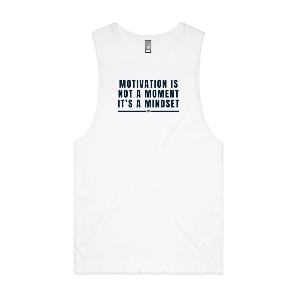 White barnard tank with "Motivation Is Not A Moment It's A Mindset" design on white background