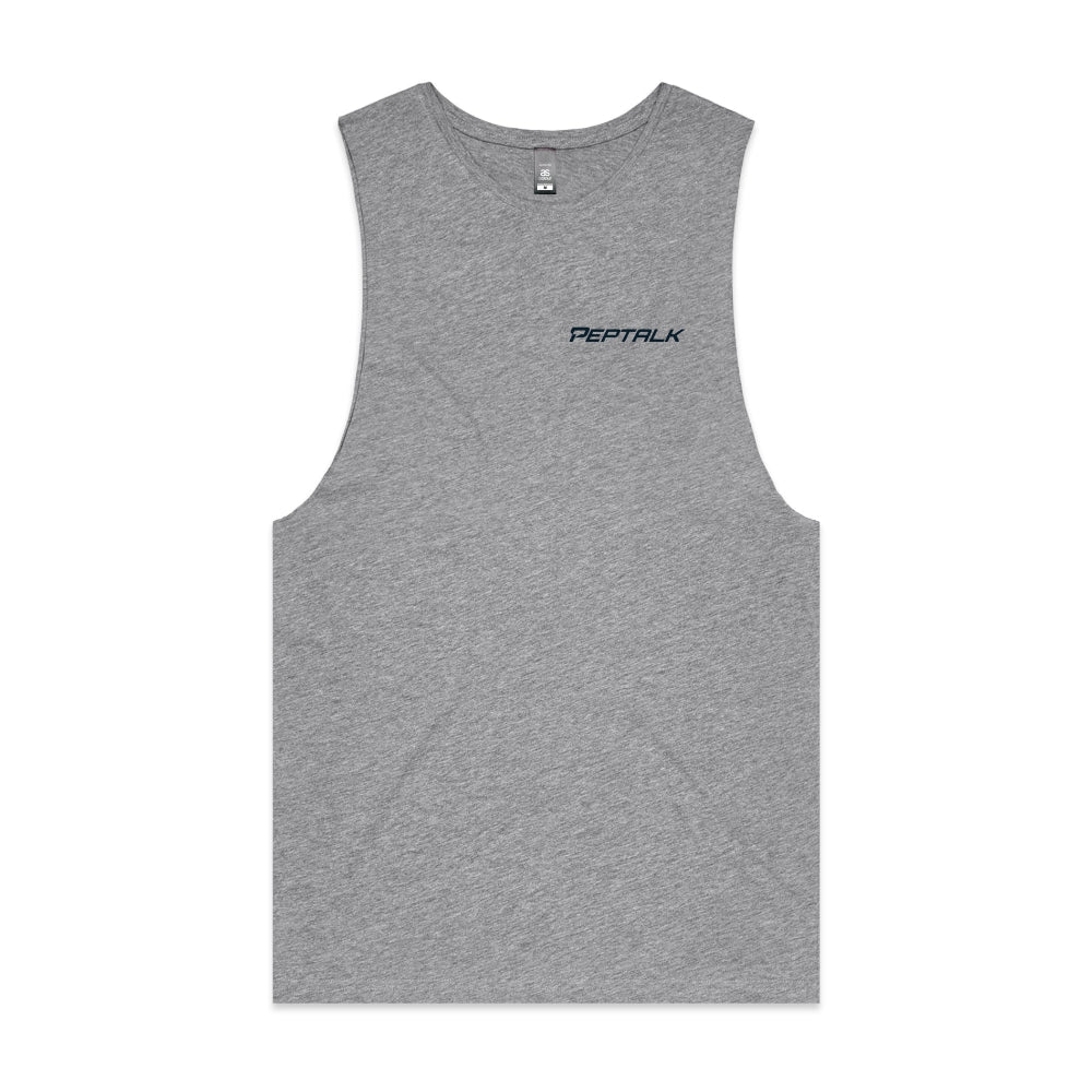Grey barnard tank with navy PepTalk logo on white background