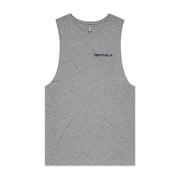 Grey barnard tank with navy PepTalk logo on white background