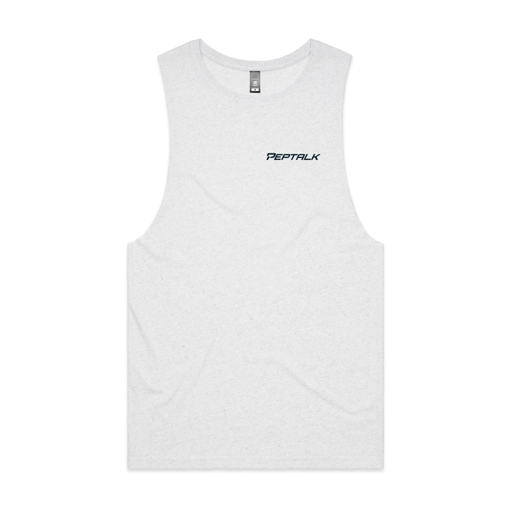 White marle barnard tank with navy PepTalk logo on white background