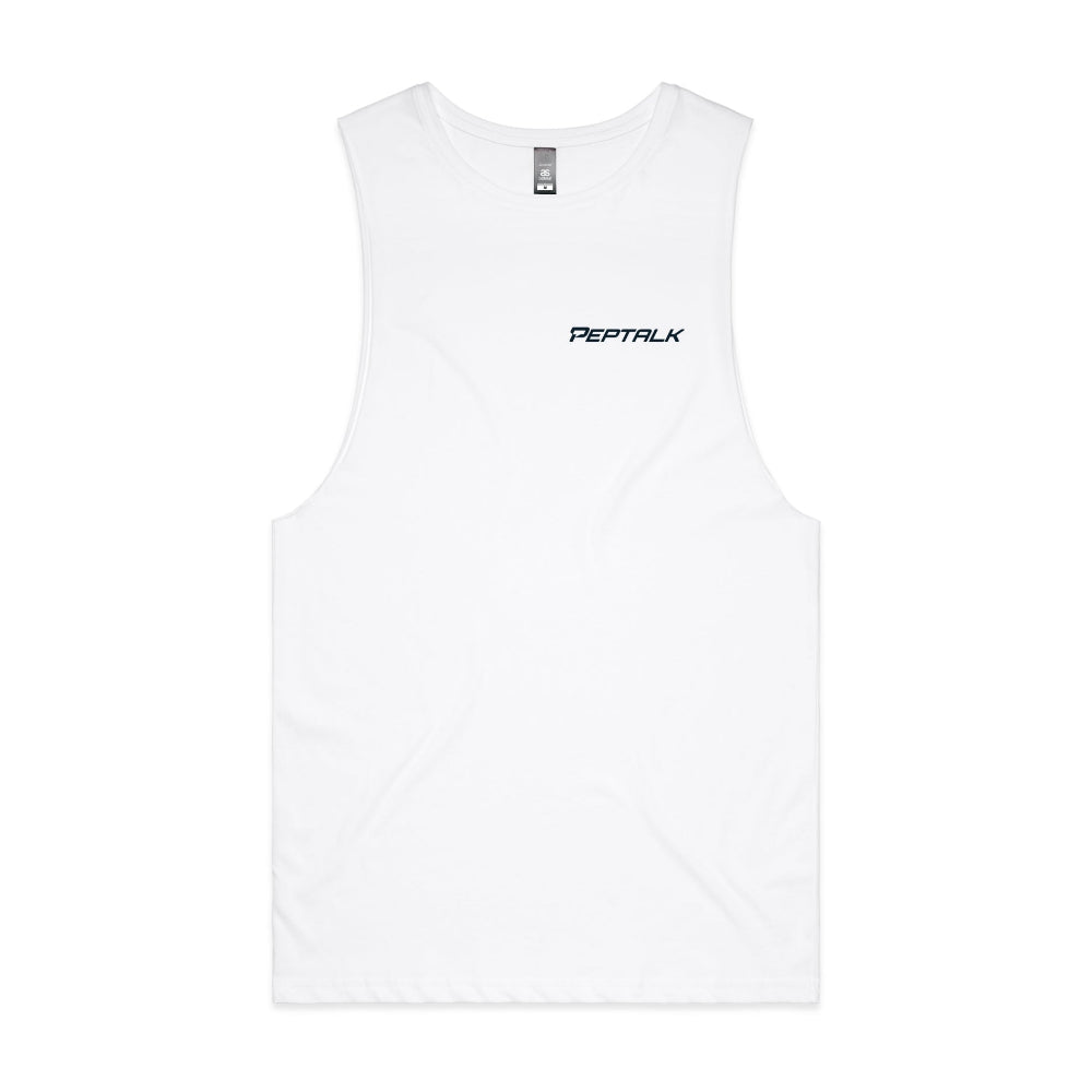 White barnard tank with navy PepTalk logo on white background