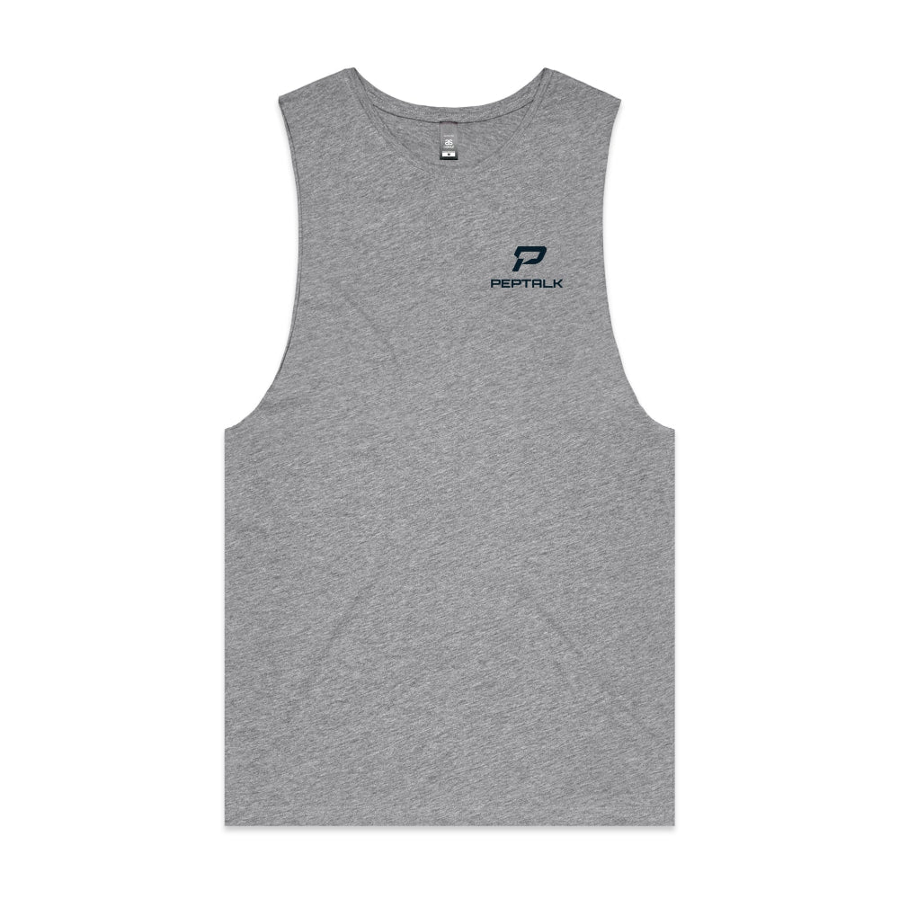 Grey marle barnard tank with navy portrait PepTalk logo on white background