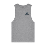 Grey marle barnard tank with navy portrait PepTalk logo on white background