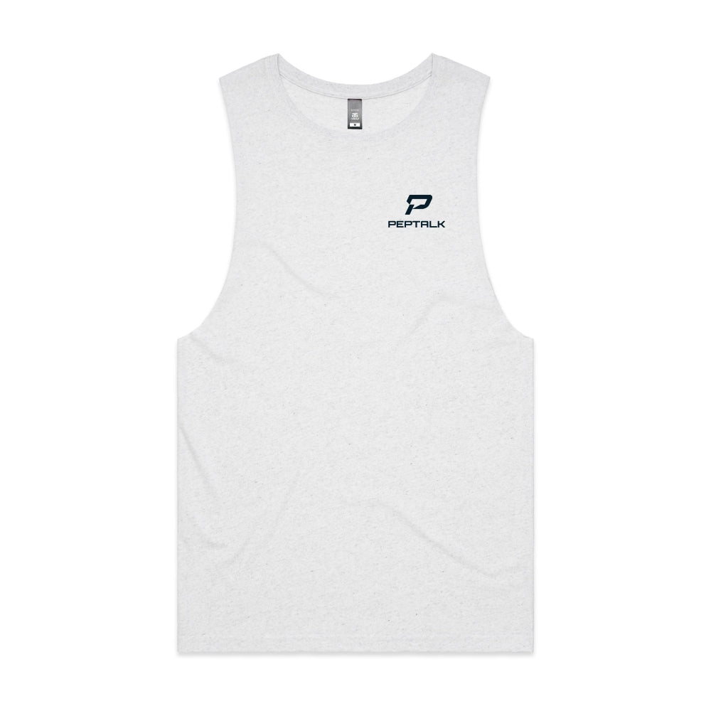 White marle barnard tank with navy portrait PepTalk logo on white background