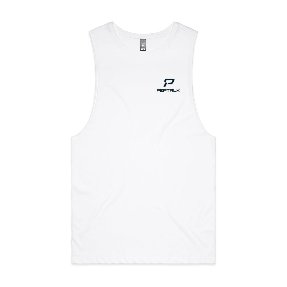White barnard tank with navy portrait PepTalk logo on white background