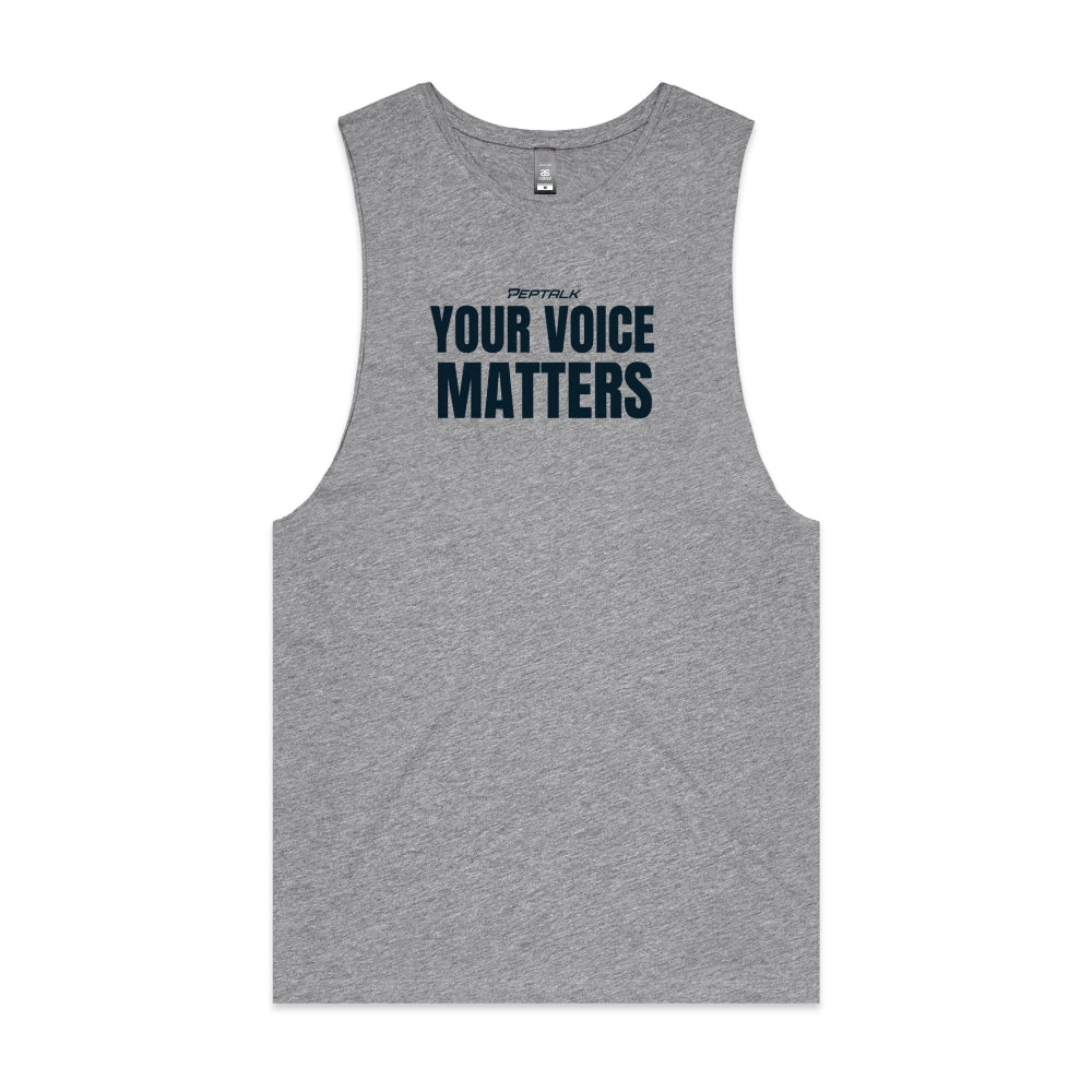 Grey barnard tank with "Your Voice Matters" design on white background