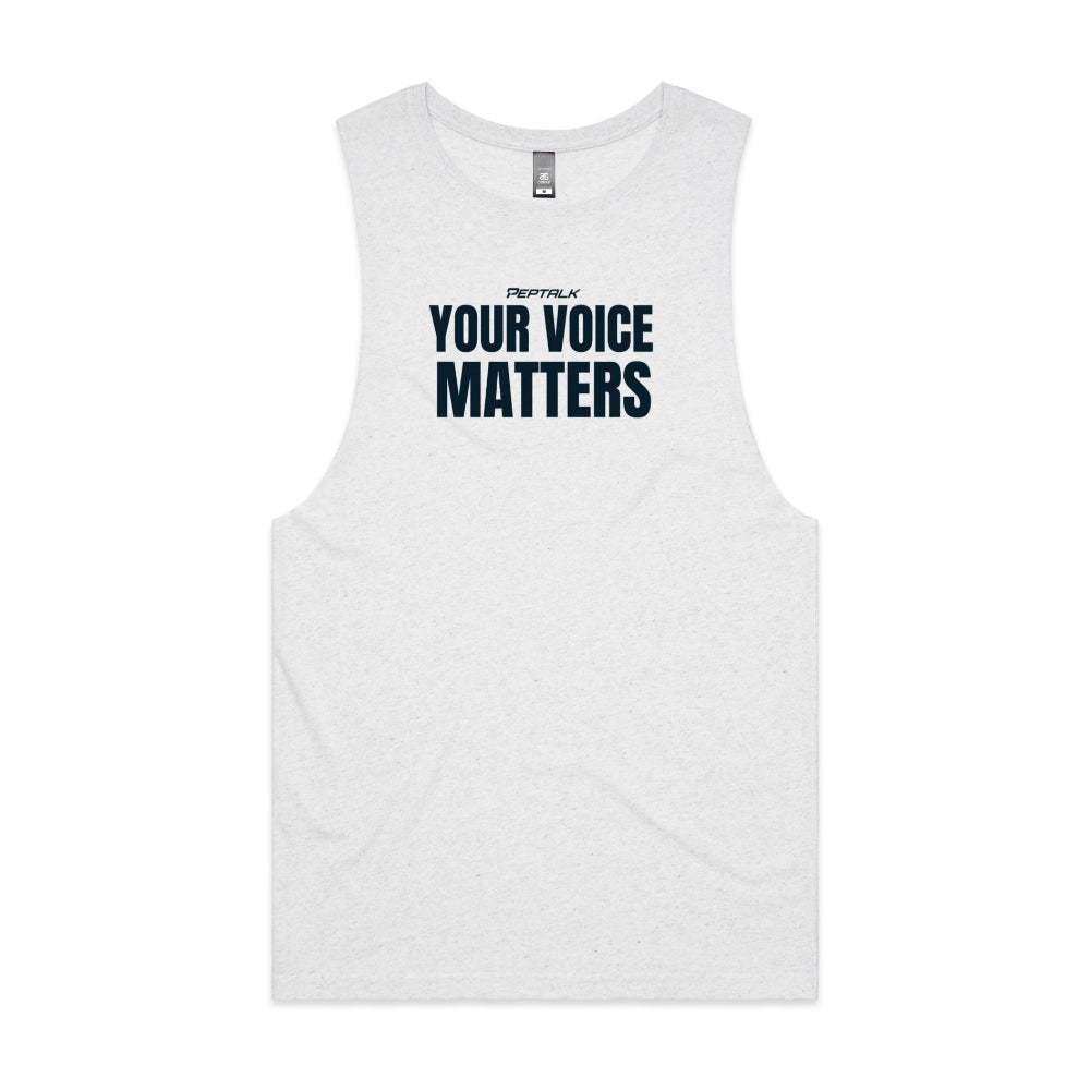White marle barnard tank with "Your Voice Matters" design on white background
