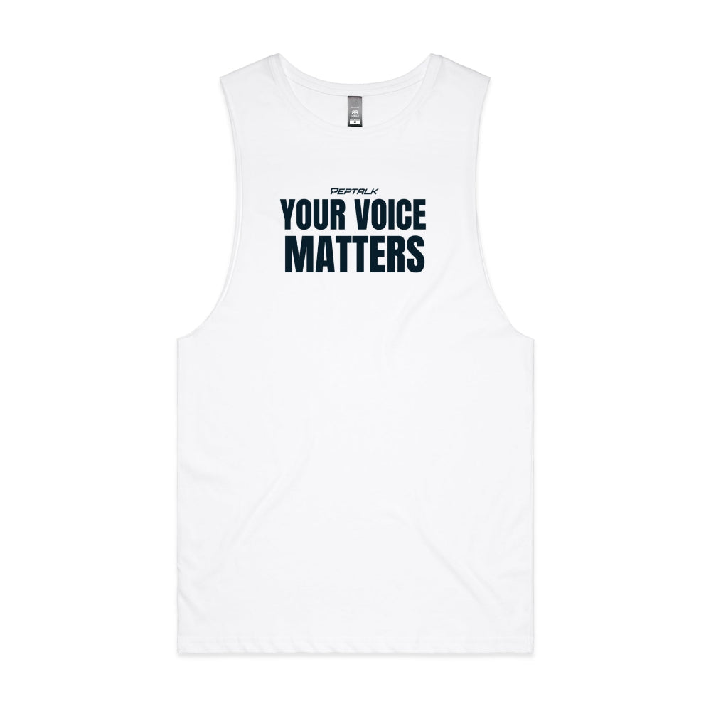 White barnard tank with "Your Voice Matters" design on white background