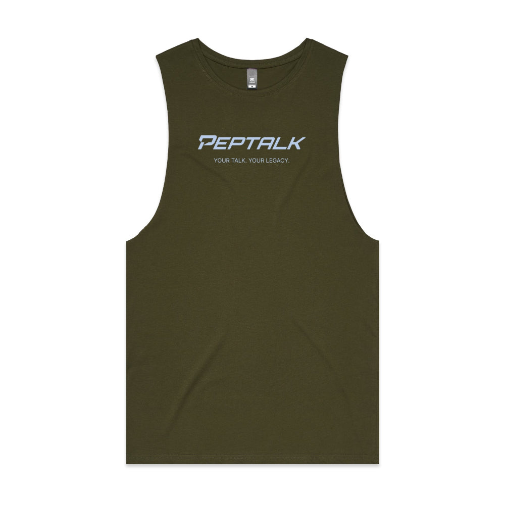 Army green men's tank top with PepTalk "Your Talk Your Legacy" design