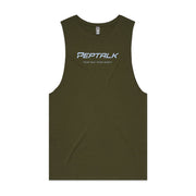 Army green men's tank top with PepTalk "Your Talk Your Legacy" design
