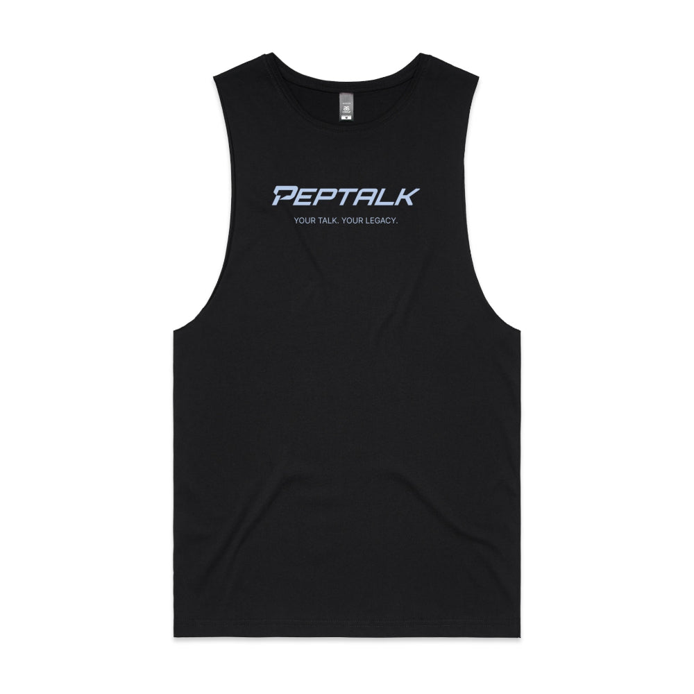 Black men's tank top with PepTalk "Your Talk Your Legacy" design