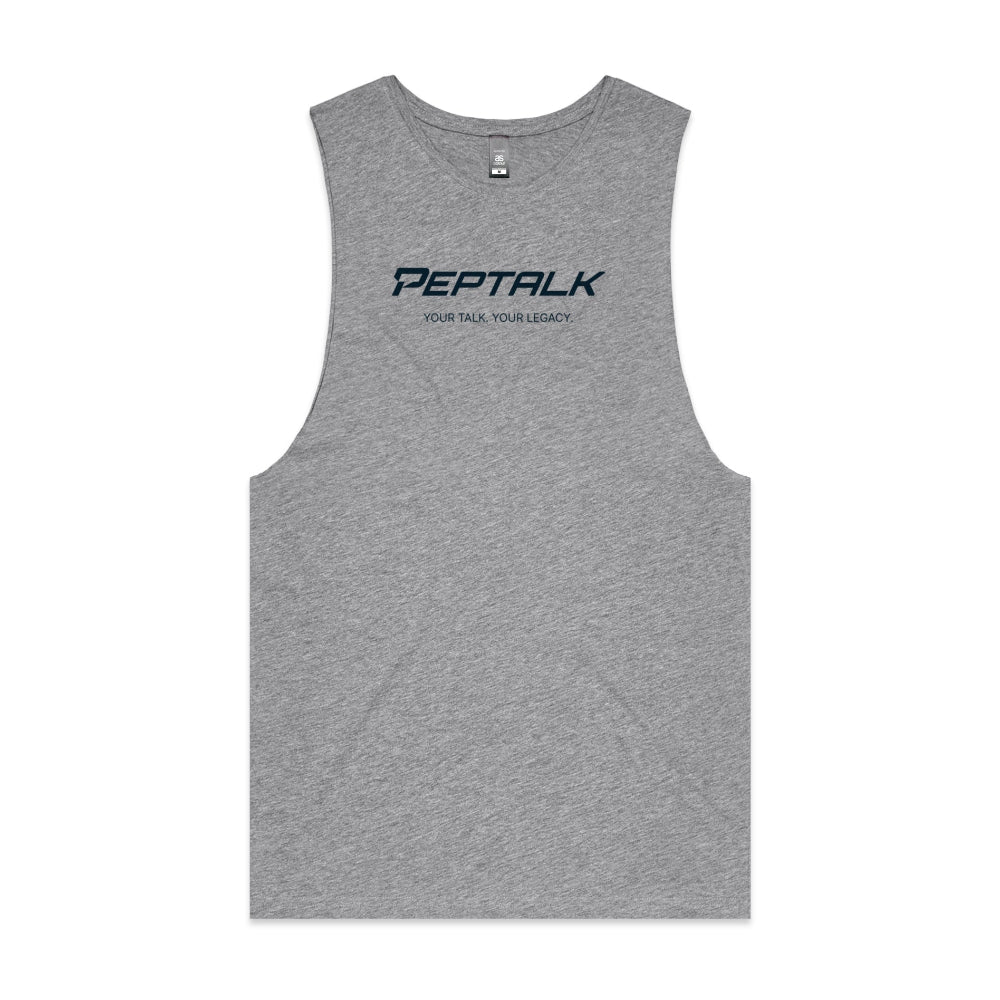 Grey men's tank top with PepTalk "Your Talk Your Legacy" design