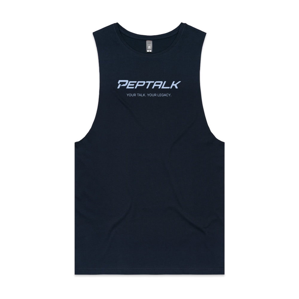 Navy men's tank top with PepTalk "Your Talk Your Legacy" design