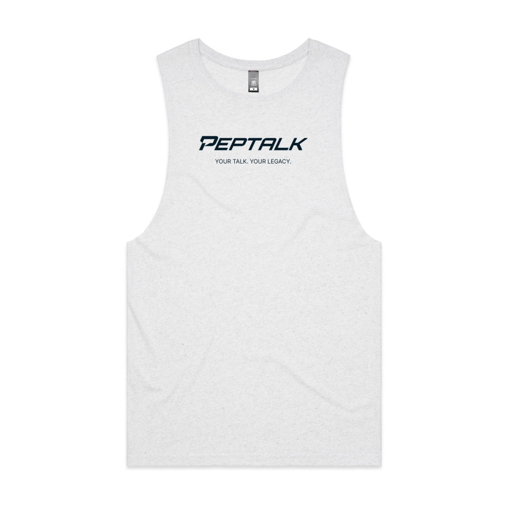 White marle men's tank top with PepTalk "Your Talk Your Legacy" design