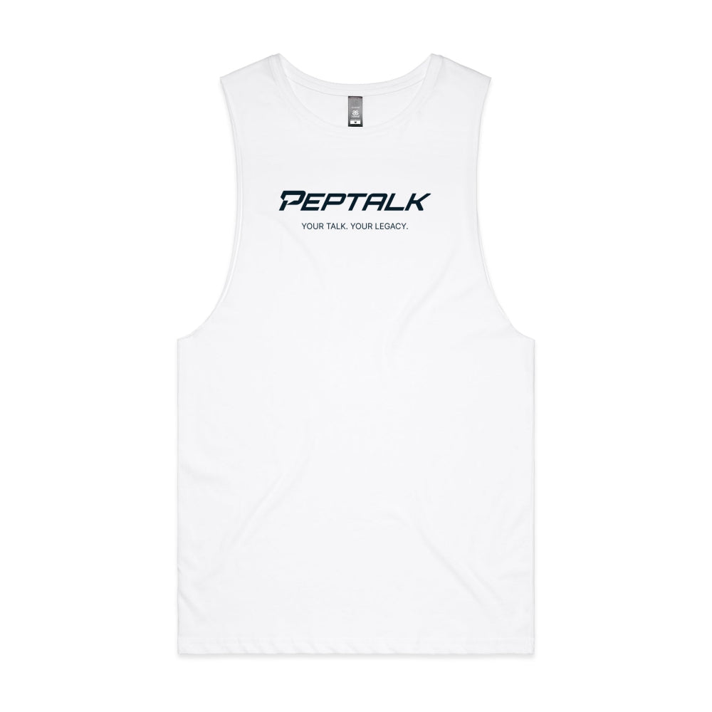 White men's tank top with PepTalk "Your Talk Your Legacy" design
