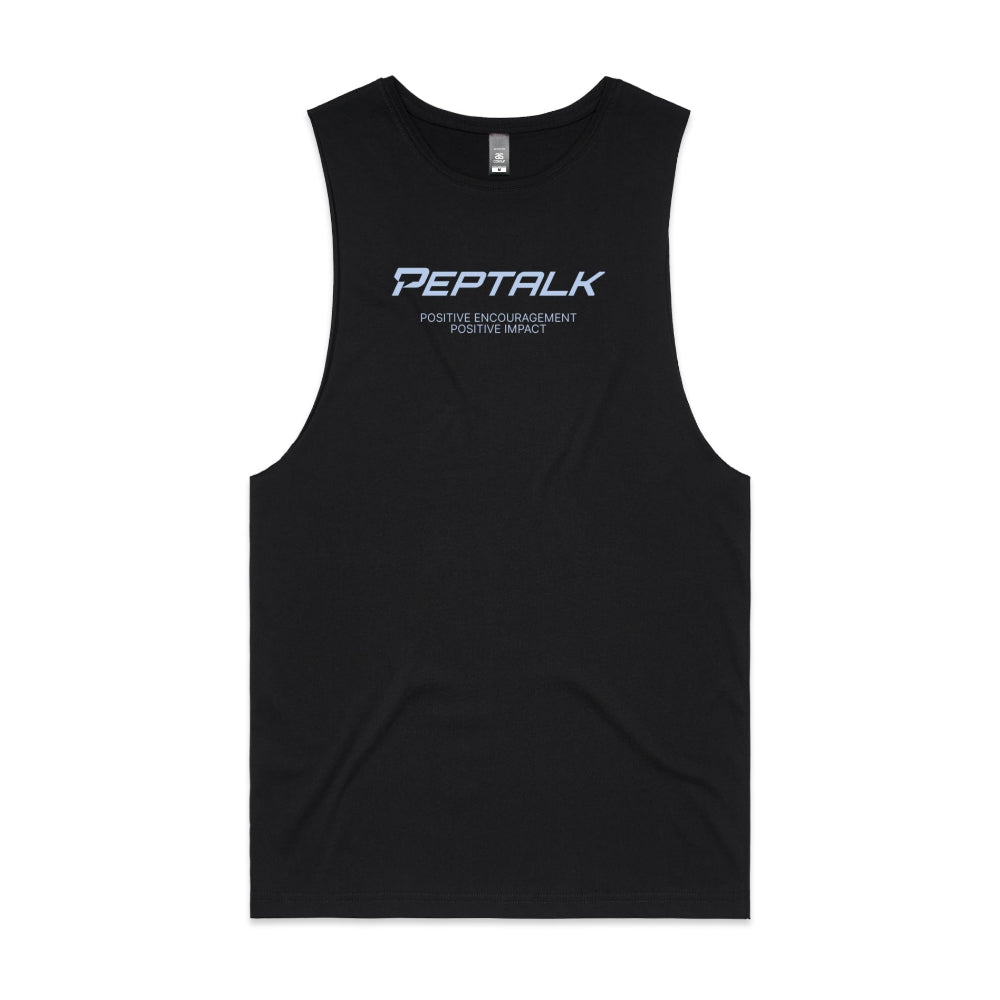 Black men's tank top with "Positive Encouragement Positive Impact" design