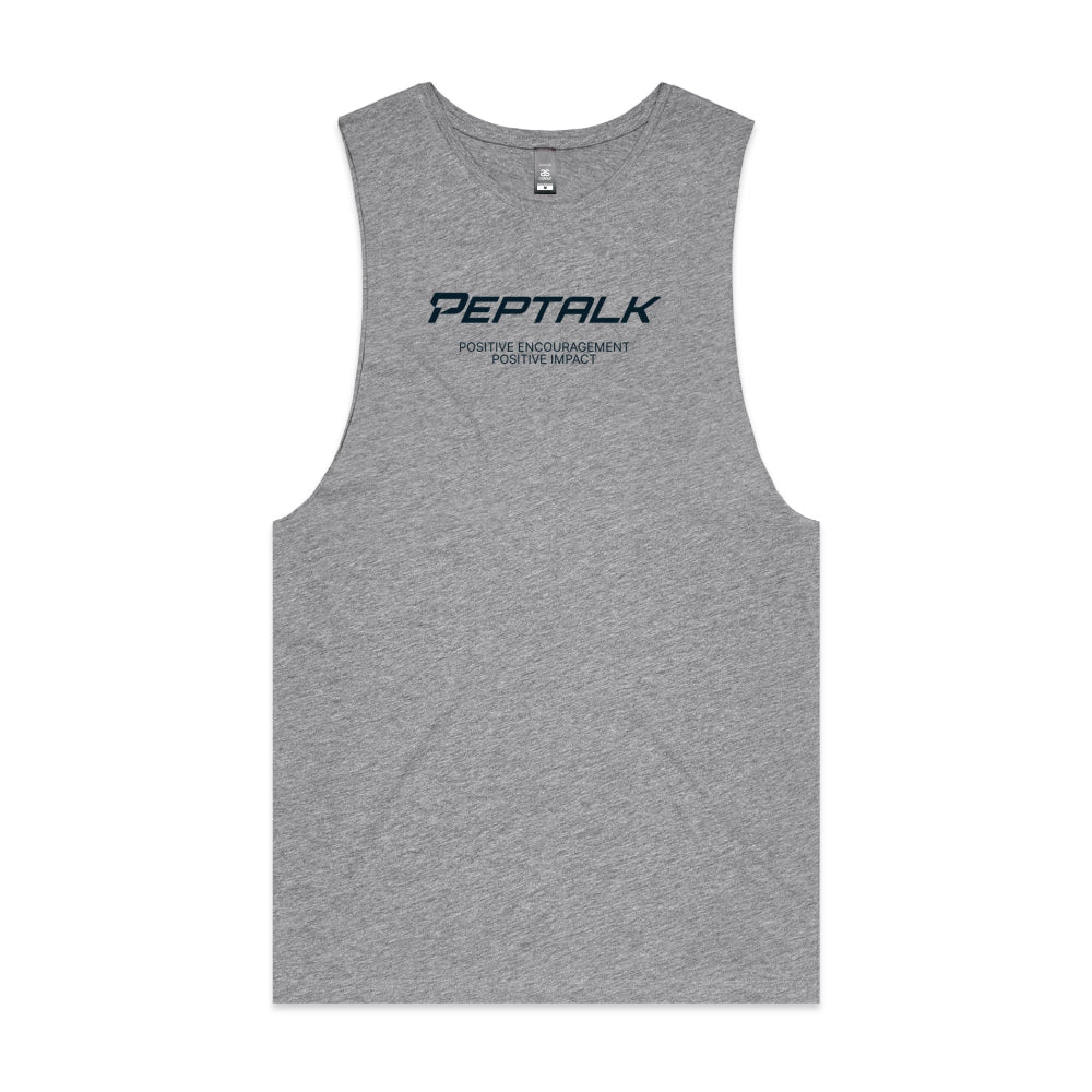 Grey men's tank top with "Positive Encouragement Positive Impact" design