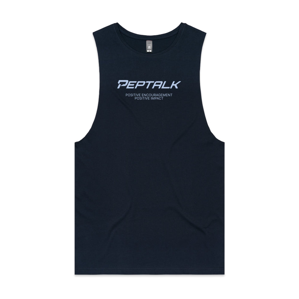 Navy men's tank top with "Positive Encouragement Positive Impact" design