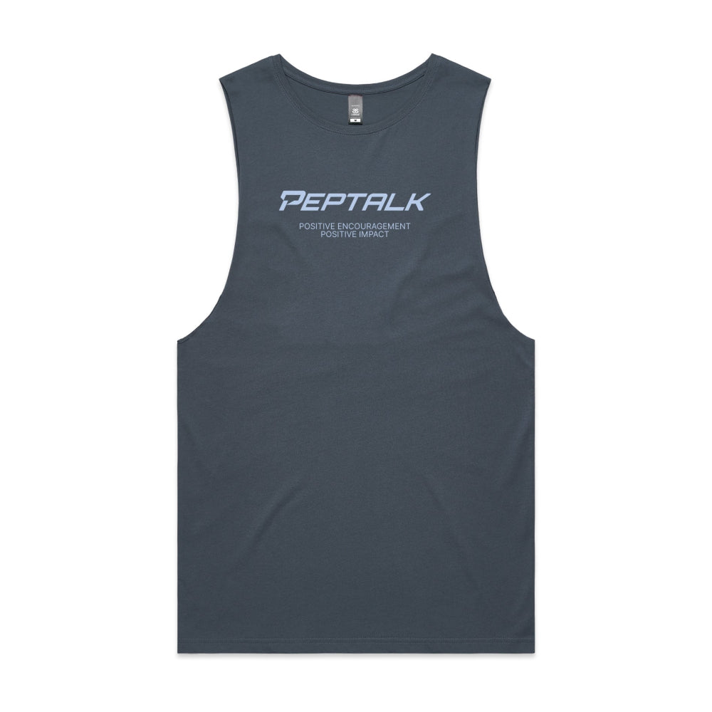 Petrol blue men's tank top with "Positive Encouragement Positive Impact" design