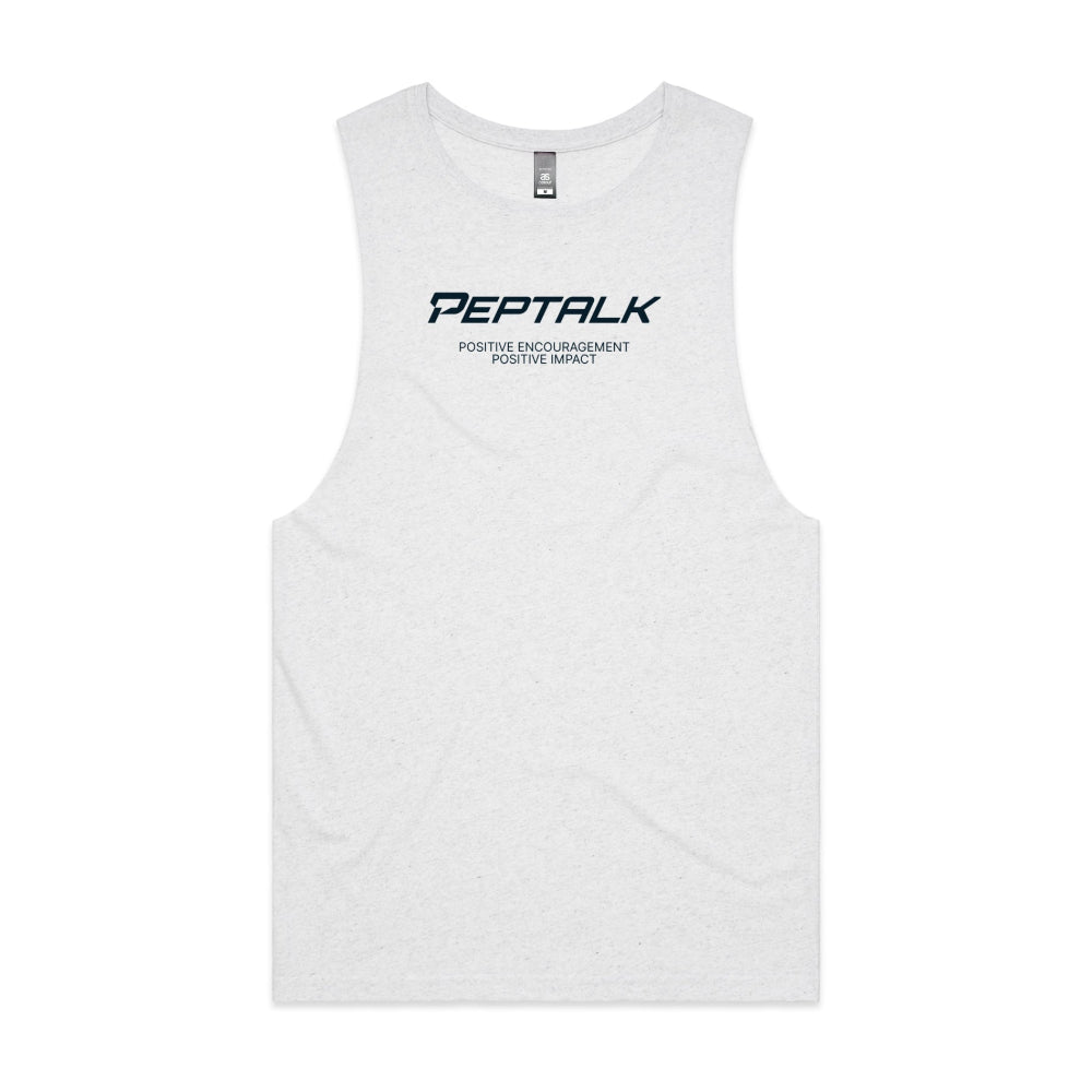 White marle men's tank top with "Positive Encouragement Positive Impact" design