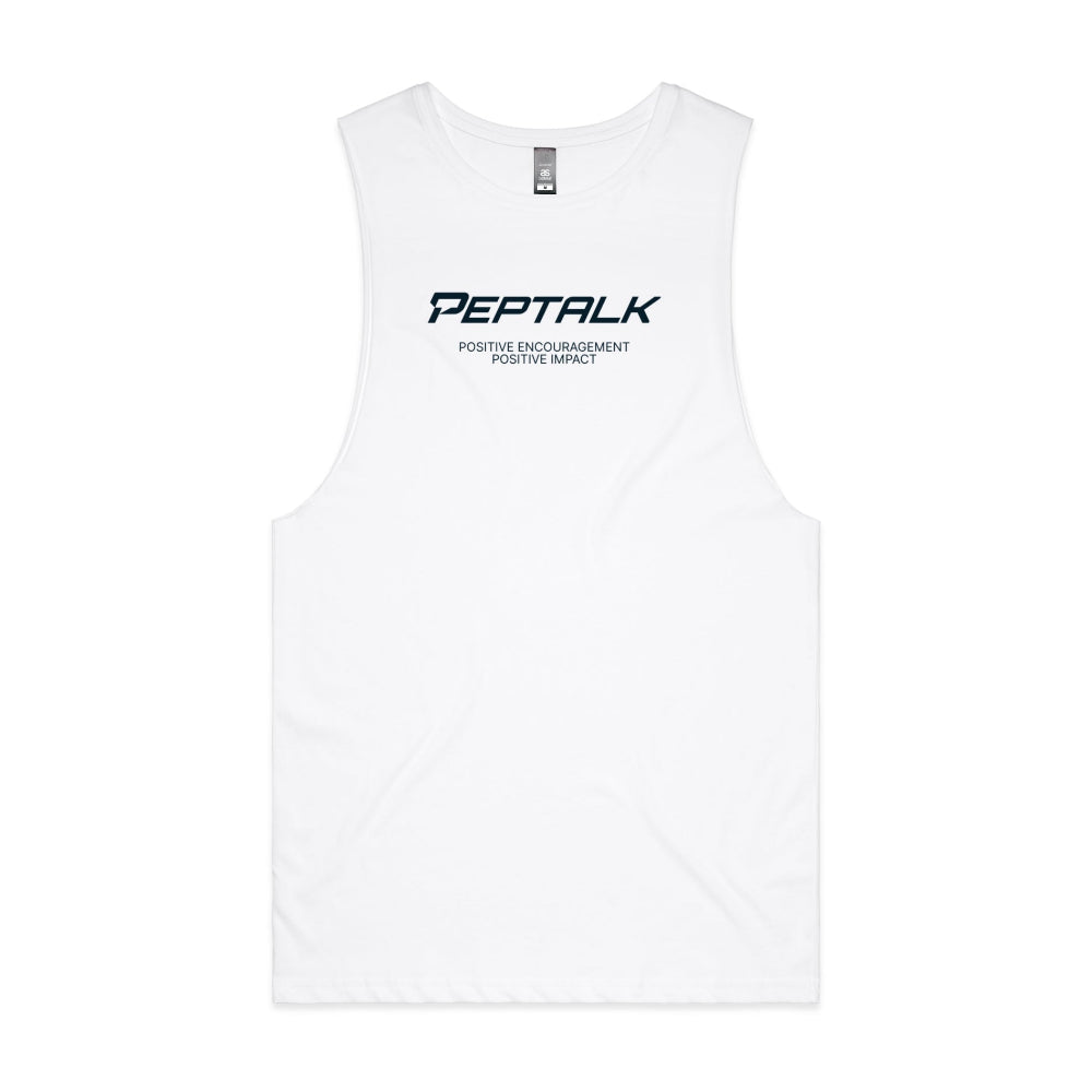 White men's tank top with "Positive Encouragement Positive Impact" design