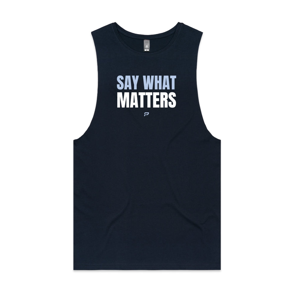 Navy barnard tank with "Say What Matters" design on white background