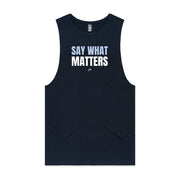 Navy barnard tank with "Say What Matters" design on white background