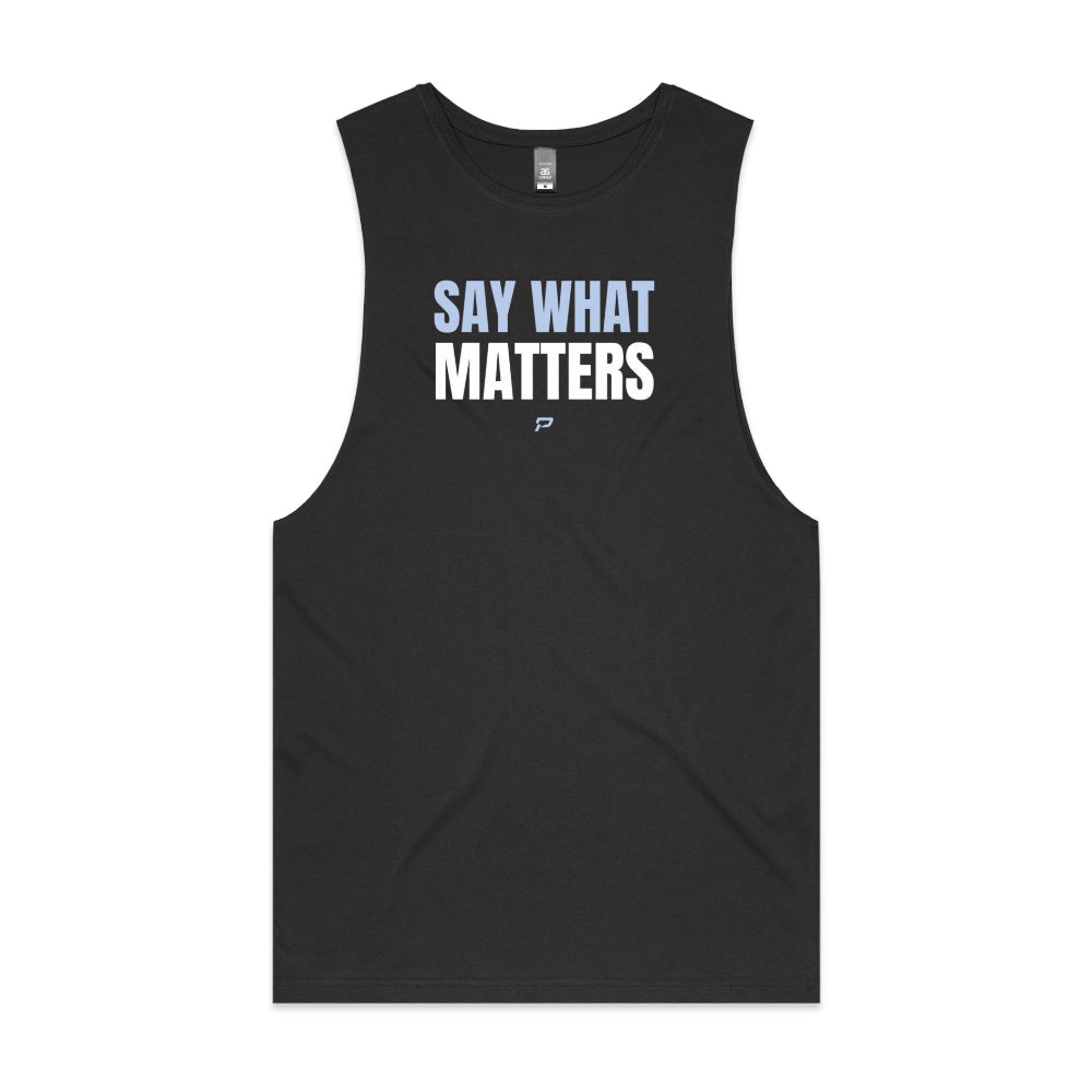 Coal colour barnard tank with "Say What Matters" design on white background