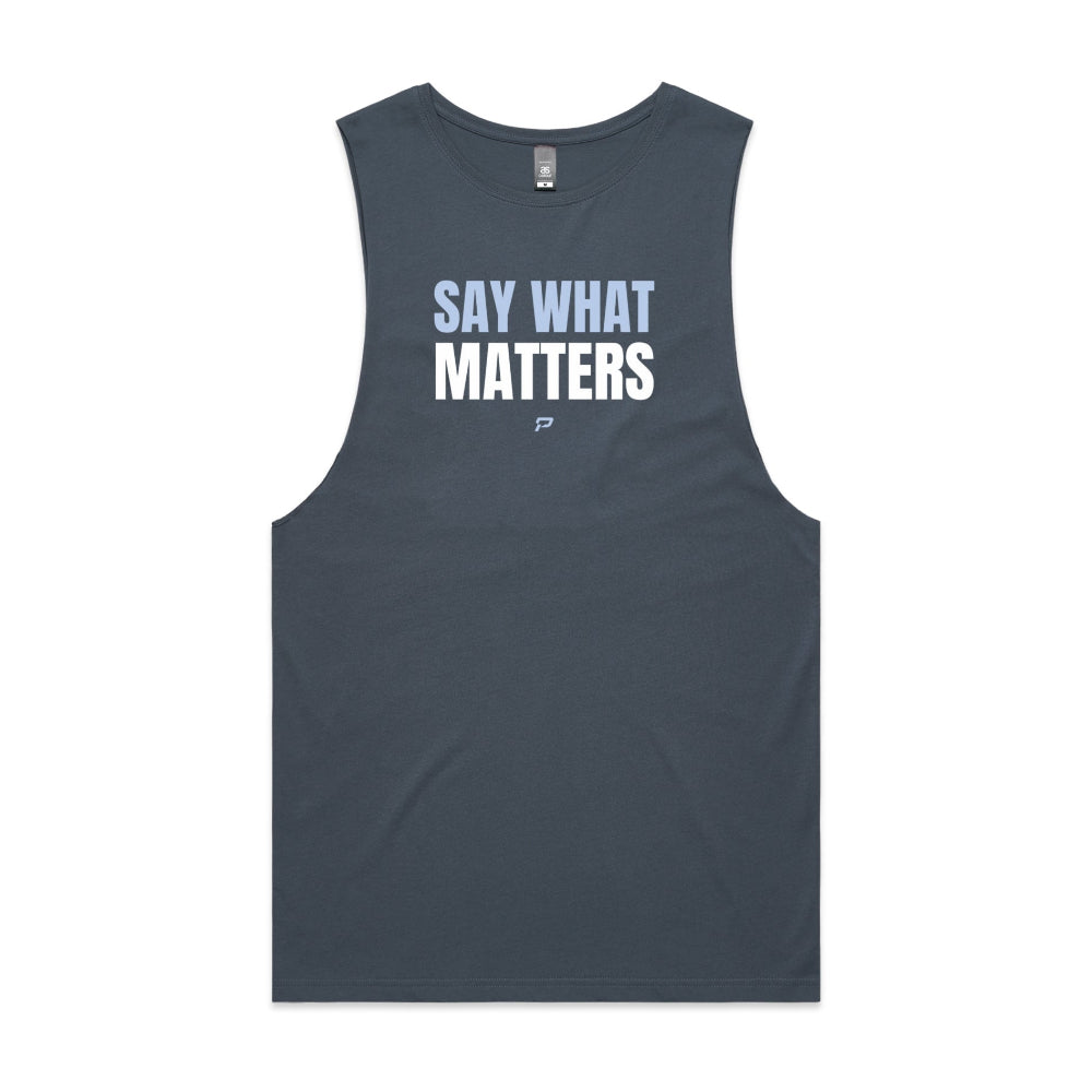 Petrol blue barnard tank with "Say What Matters" design on white background