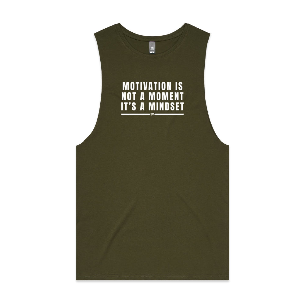 Army colour barnard tank with "Motivation Is Not A Moment It's A Mindset" design on white background