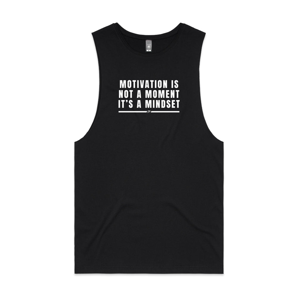 Black barnard tank with "Motivation Is Not A Moment It's A Mindset" design on white background